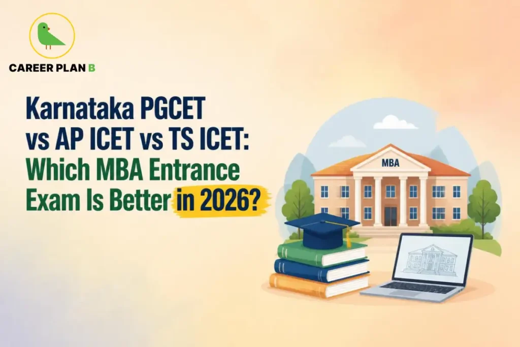 Illustration comparing Karnataka PGCET, AP ICET, and TS ICET for MBA admissions, featuring a business school campus, graduation cap, books, and laptop to represent entrance exam choices for 2026.