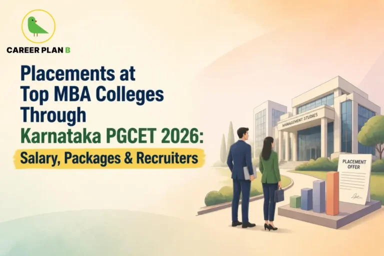 Illustration comparing Karnataka PGCET, AP ICET, and TS ICET for MBA admissions, featuring a business school campus, graduation cap, books, and laptop to represent entrance exam choices for 2026.
