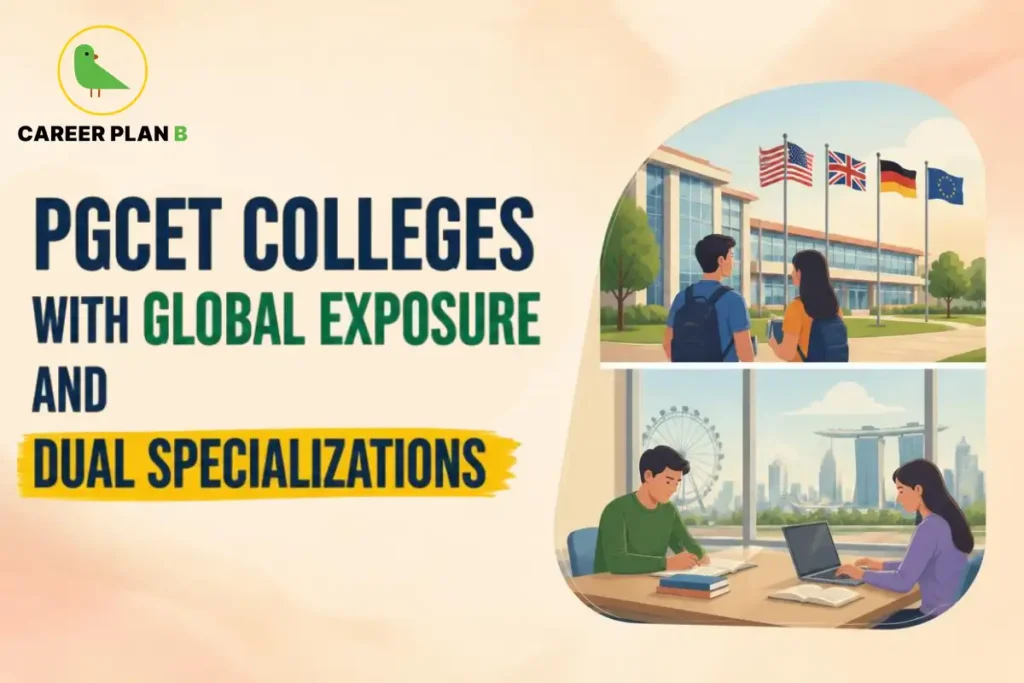 Illustration of PGCET MBA colleges offering global exposure and dual specializations, featuring international flags, students on campus, and a modern study environment highlighting global learning opportunities.