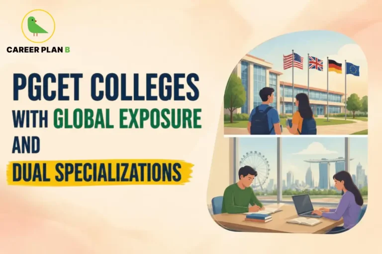 Illustration of PGCET MBA colleges offering global exposure and dual specializations, featuring international flags, students on campus, and a modern study environment highlighting global learning opportunities.