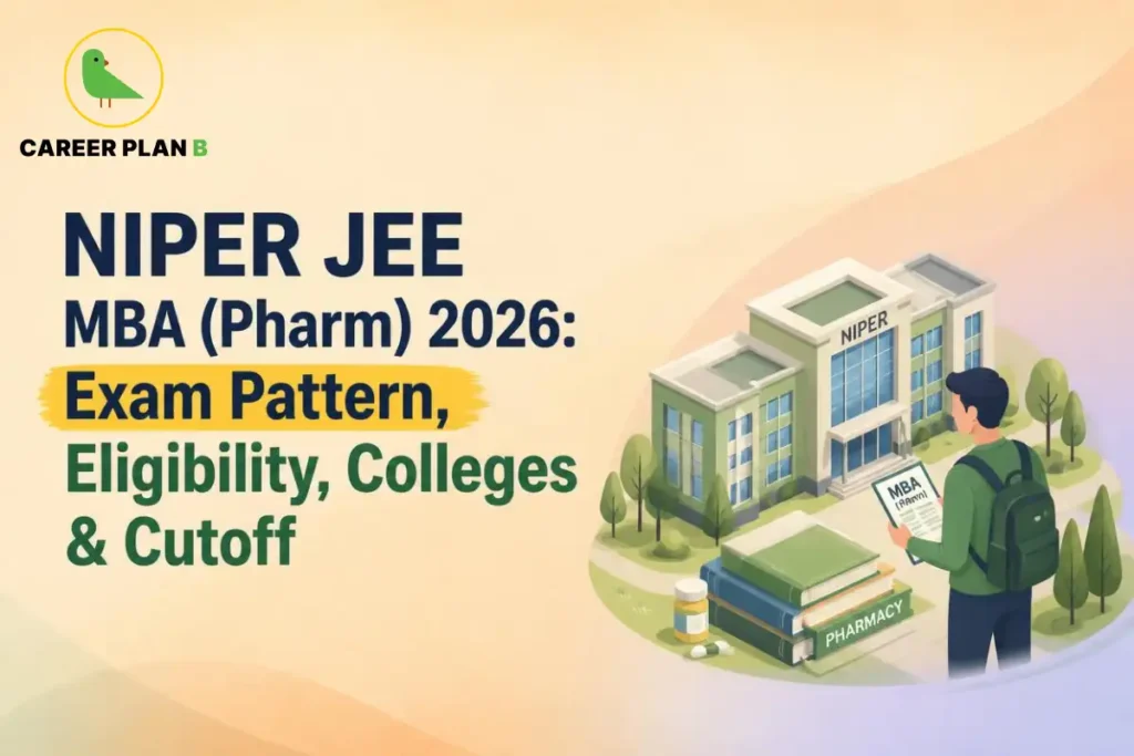 Illustration of NIPER JEE MBA (Pharm) 2026 featuring a NIPER campus, pharmacy books, medicines, and a student reviewing exam details, highlighting the exam pattern, eligibility, participating colleges, and cutoff information.