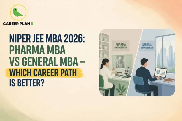 Illustration comparing Pharma MBA and General MBA through NIPER JEE MBA 2026, showing a pharmaceutical laboratory and a corporate office to highlight different career paths, roles, and management opportunities.