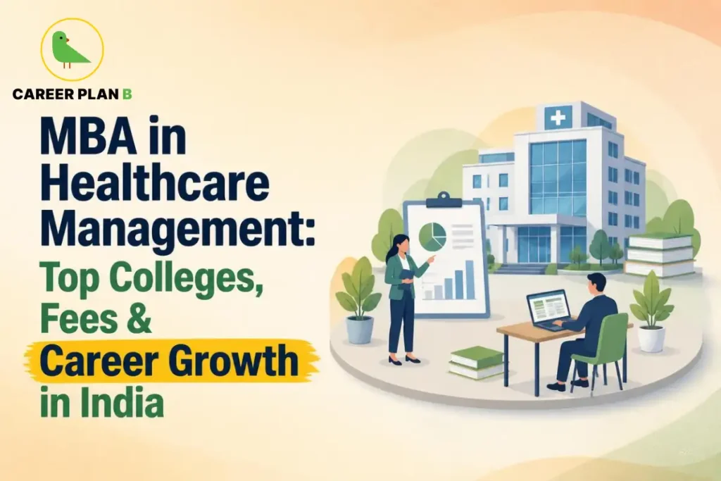 Illustration of an MBA in Healthcare Management featuring a modern hospital, students, business analytics presentation, and study materials, highlighting top colleges, fees, and career growth opportunities in India's healthcare management sector.
