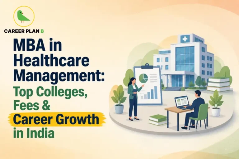 Illustration of an MBA in Healthcare Management featuring a modern hospital, students, business analytics presentation, and study materials, highlighting top colleges, fees, and career growth opportunities in India's healthcare management sector.
