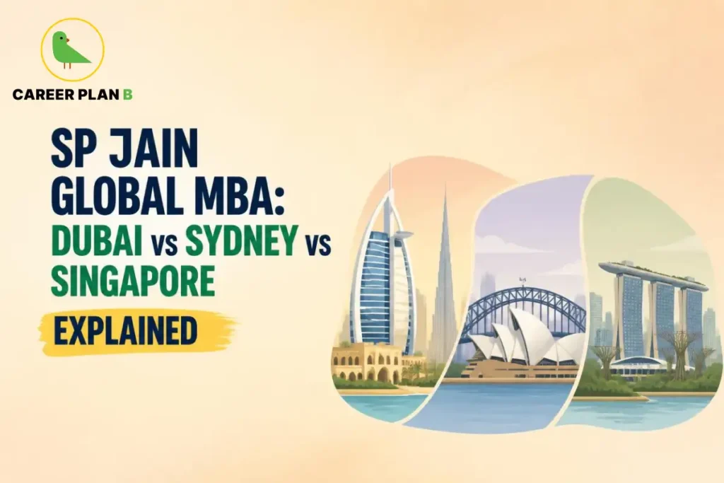 Illustration comparing SP Jain Global MBA campuses in Dubai, Sydney, and Singapore, featuring iconic city landmarks to represent campus locations and helping students understand the differences between the three global study destinations.
