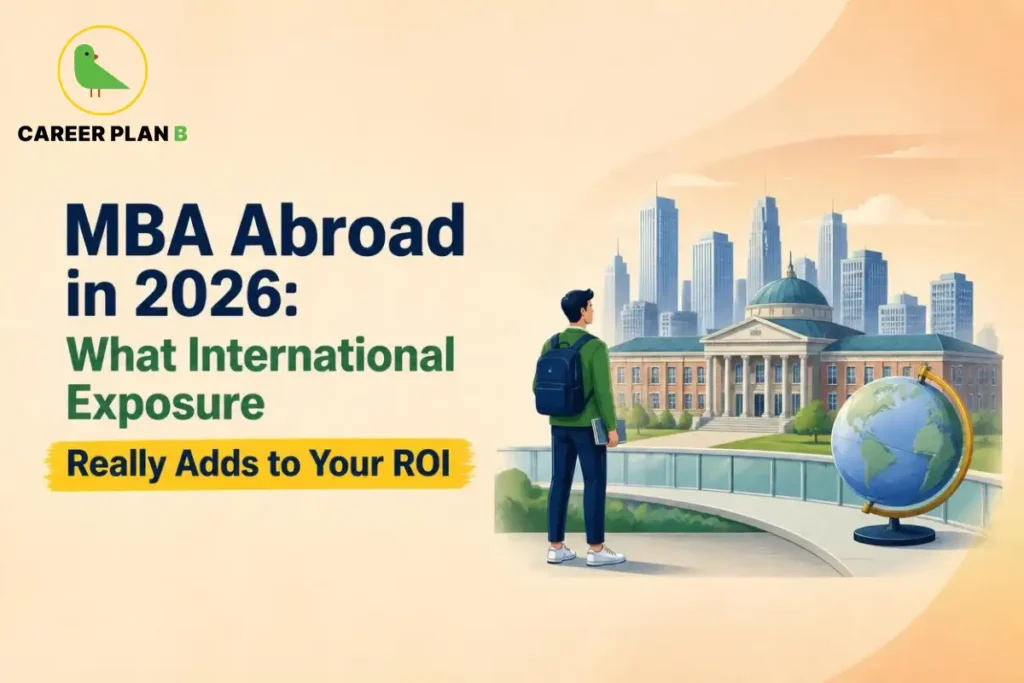 Illustration of an MBA abroad in 2026 featuring an international business school campus, a student with a backpack, a world globe, and a modern city skyline, highlighting how global exposure can improve career opportunities and return on investment (ROI).