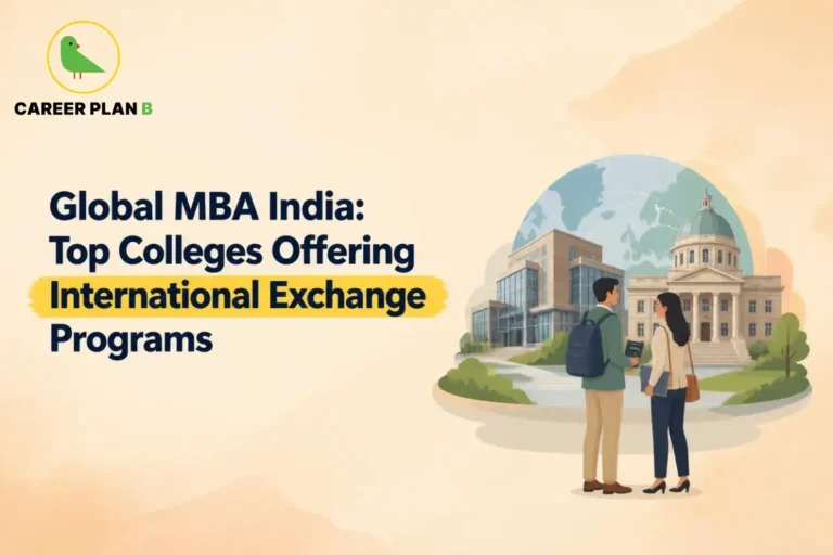 Illustration highlighting Global MBA programs in India, featuring students, modern university campuses, and a world map backdrop to represent international exchange programs, global exposure, and study-abroad opportunities offered by leading business schools.