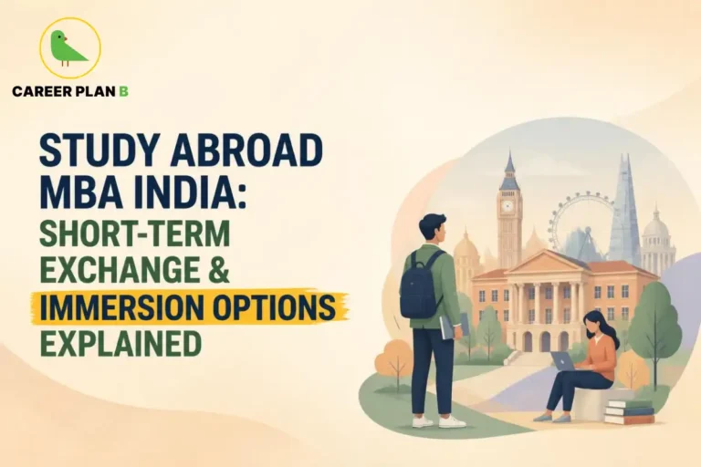 Illustration of Study Abroad MBA opportunities for Indian students, featuring an international university campus, students, and iconic global landmarks to represent short-term exchange programs, immersion experiences, and global business education.