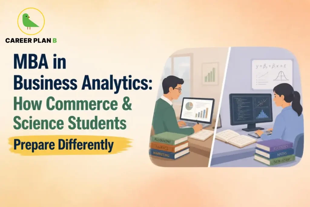 Illustration comparing MBA in Business Analytics preparation for Commerce and Science students, showing one student working with accounting and finance materials and another using statistics, mathematics, and data science concepts to build analytics skills.