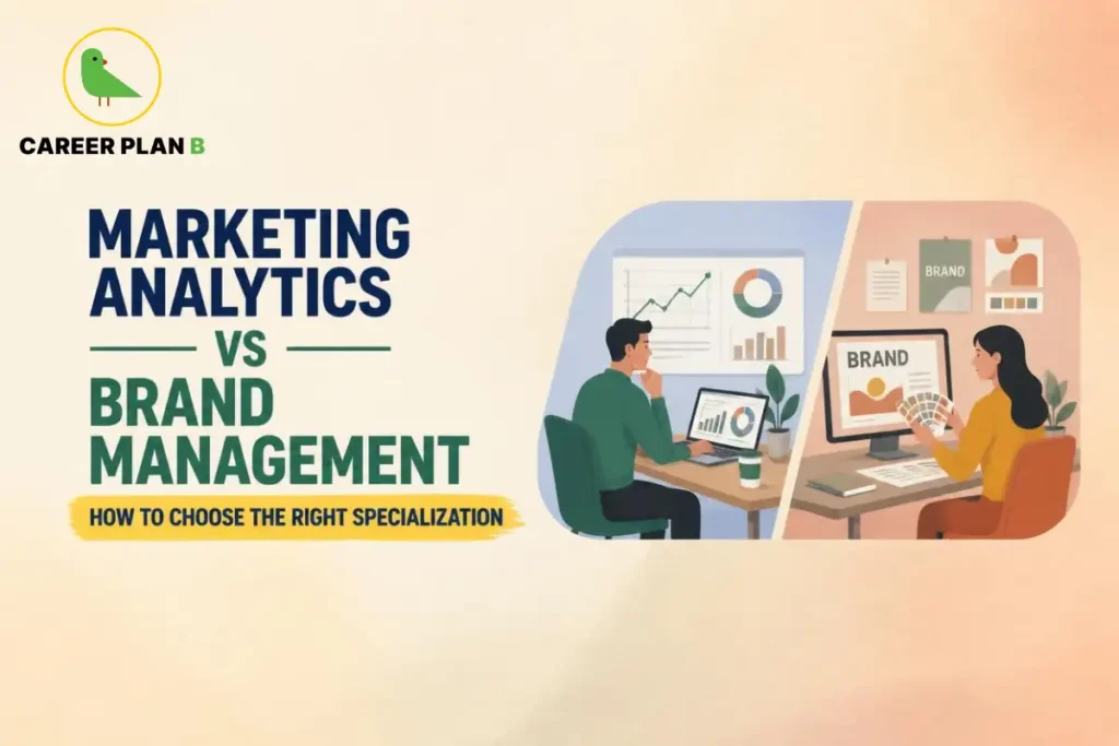 Illustration comparing Marketing Analytics and Brand Management MBA specializations, showing one professional analyzing marketing dashboards and performance metrics while another focuses on branding, creative strategy, and brand identity to help students choose the right specialization.