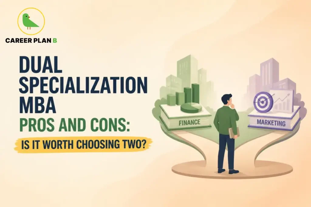 Illustration of a student deciding between Finance and Marketing in a Dual Specialization MBA, highlighting the pros and cons of pursuing two specializations, with books, charts, and career pathways representing the decision-making process.
