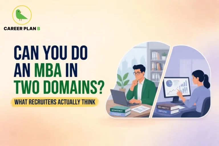 Illustration depicting the concept of pursuing an MBA in two domains, with one professional focused on management and strategy and another working on data analytics and statistics, representing dual specialization and recruiter perspectives on multidisciplinary MBA careers.