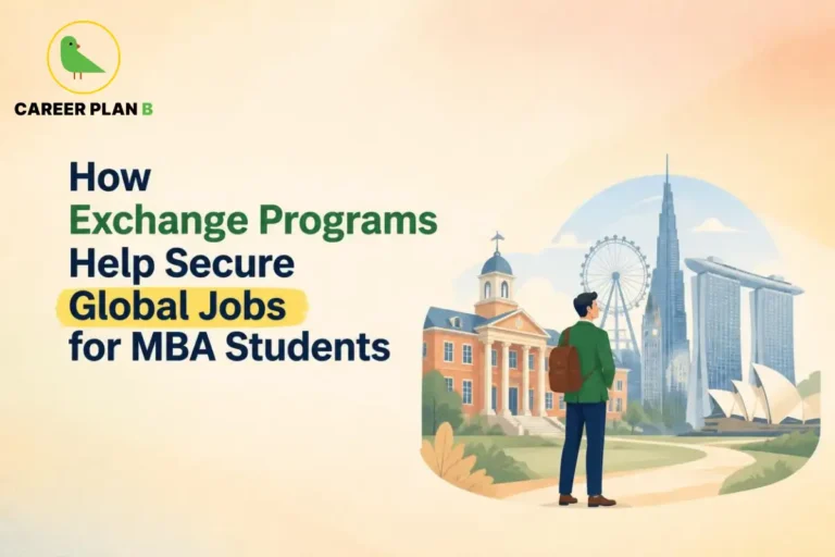 Illustration showing how MBA exchange programs and international study opportunities help students secure global careers, featuring a student overlooking an overseas campus with iconic international landmarks symbolizing global exposure, networking, and international job opportunities.
