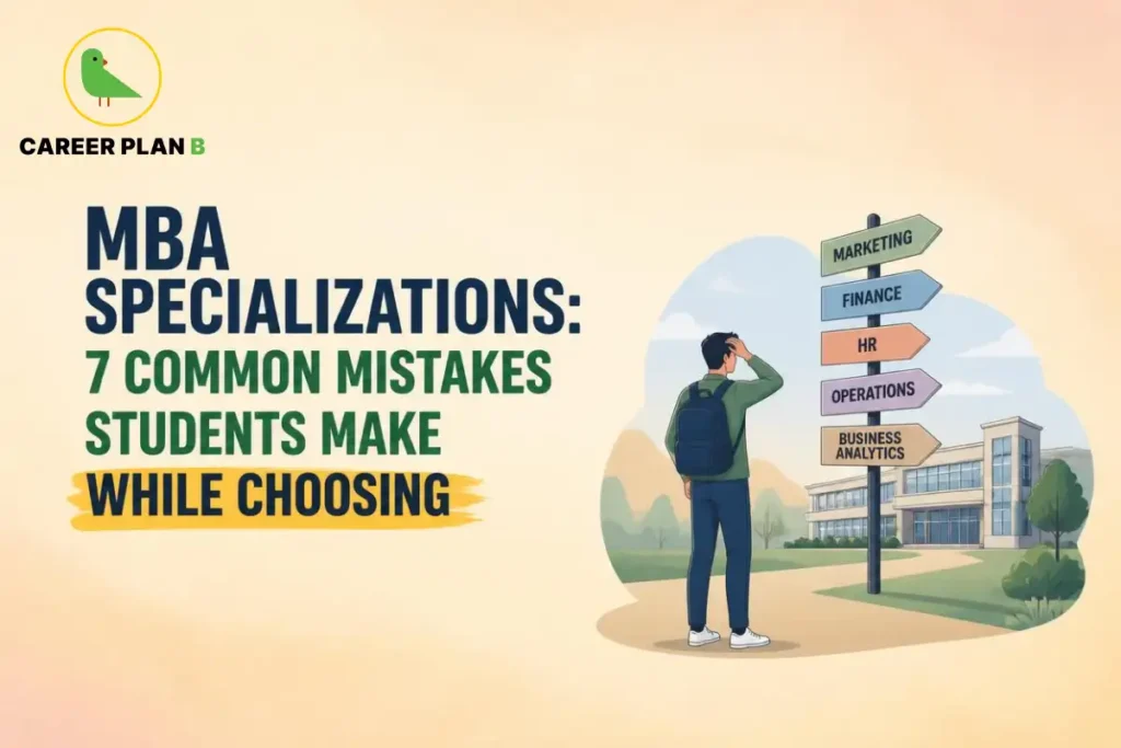 Illustration of a student choosing between MBA specializations such as Marketing, Finance, HR, Operations, and Business Analytics, highlighting the common mistakes students make while selecting an MBA specialization and the importance of making an informed career decision.