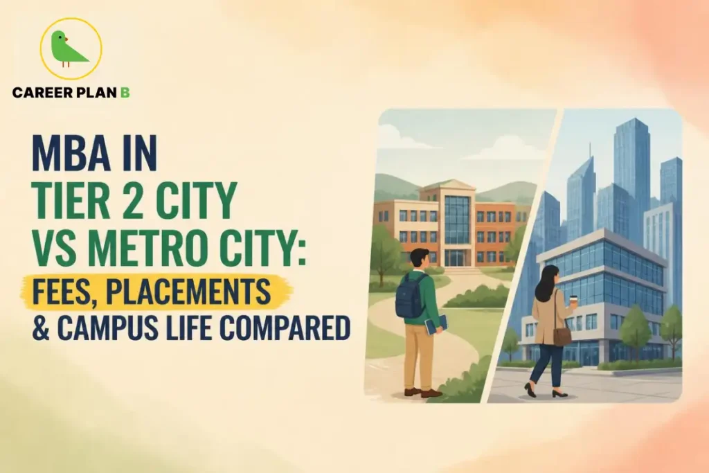 Illustration comparing MBA programs in Tier 2 and Metro cities, highlighting differences in fees, placements, and campus life, with a student choosing between a suburban campus and a modern metropolitan business school.