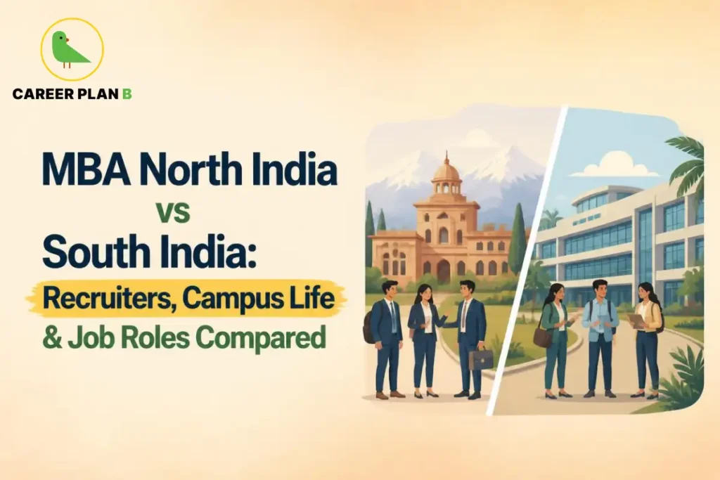 Illustration comparing MBA colleges in North India and South India, highlighting differences in recruiters, campus life, and job roles, with students networking on campuses representing regional career opportunities and MBA experiences.
