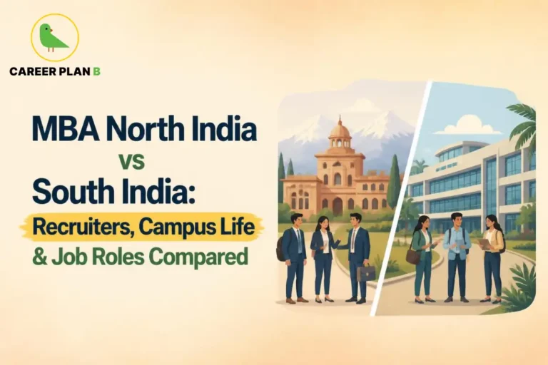 Illustration comparing MBA colleges in North India and South India, highlighting differences in recruiters, campus life, and job roles, with students networking on campuses representing regional career opportunities and MBA experiences.