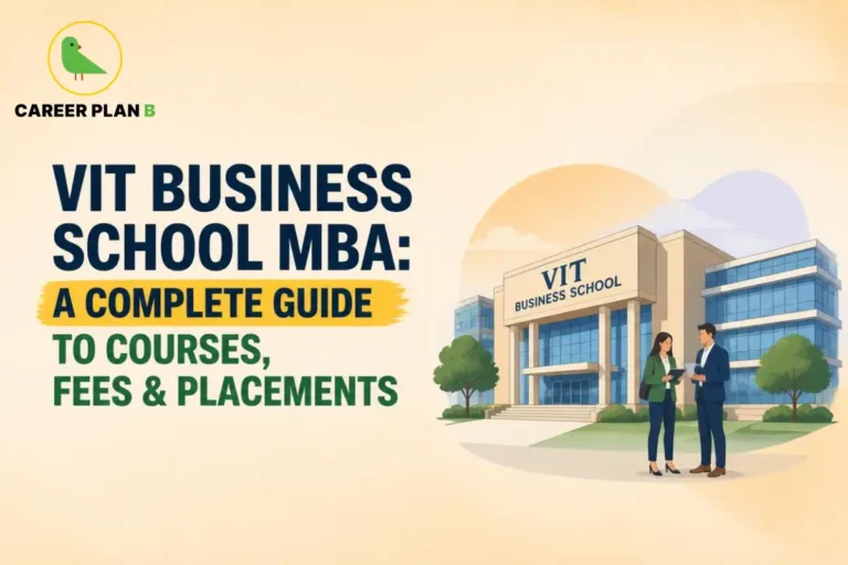 Illustration of VIT Business School highlighting its MBA program, featuring the campus building and students discussing academics, representing a complete guide to MBA courses, fees, placements, and career opportunities at VIT Business School.