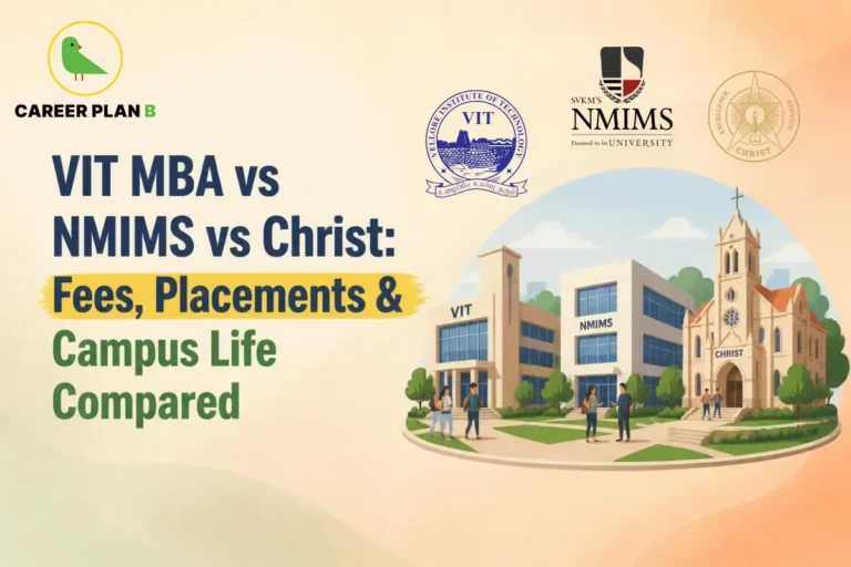 Illustration comparing MBA programs at VIT Business School, NMIMS, and Christ University, featuring their campuses and logos to highlight differences in fees, placements, campus life, and overall MBA experience for prospective students.