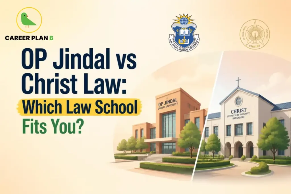 OP Jindal vs Christ Law: Which law school fits you, featuring both university campuses and their logos.