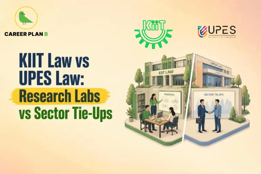 KIIT Law vs UPES Law: Research labs versus sector tie-ups, featuring both university campuses and logos.