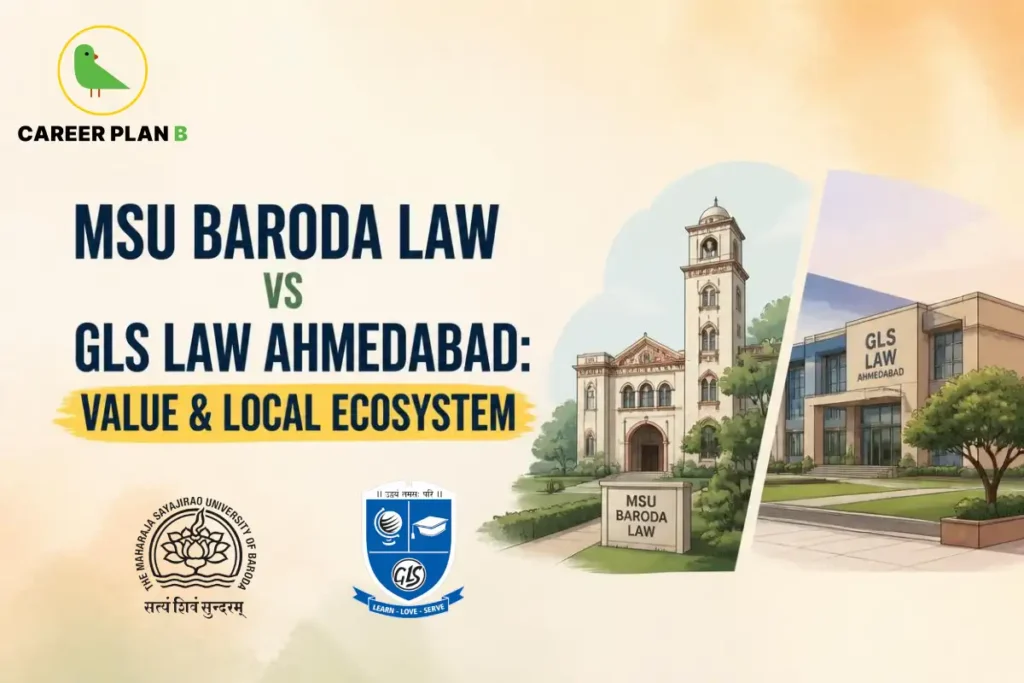 MSU Baroda Law vs GLS Law Ahmedabad: Value and local legal ecosystem, featuring both campuses and university logos.