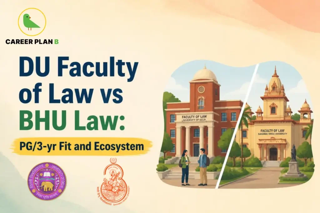 DU Faculty of Law vs BHU Law: PG/3-year fit and ecosystem, featuring both university campuses and logos.