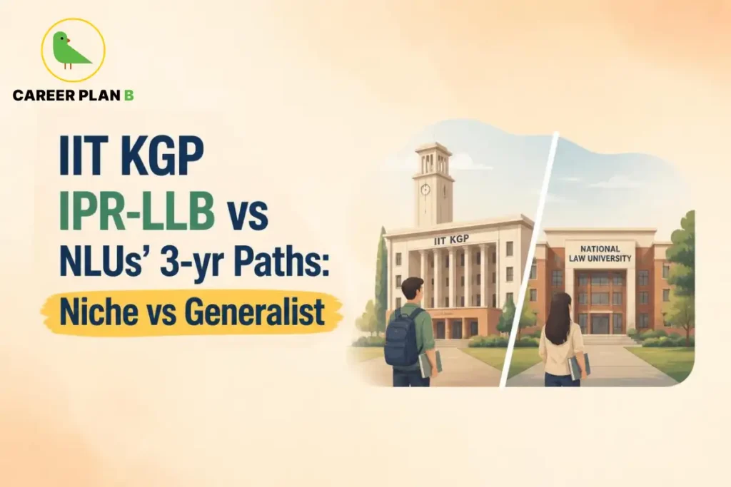 IIT KGP IPR-LLB vs NLUs 3-year paths comparison, featuring the Career Plan B logo and illustrated campuses.