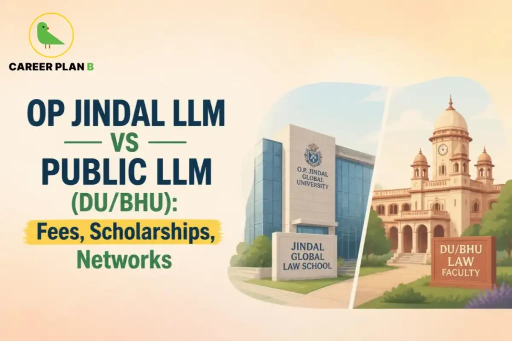 O.P. Jindal LLM vs public LLM at DU/BHU, comparing fees, scholarships, and networks, with the Career Plan B logo.