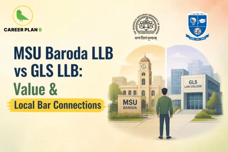MSU Baroda LLB vs GLS LLB comparison, highlighting value and local bar connections, with the Career Plan B logo.