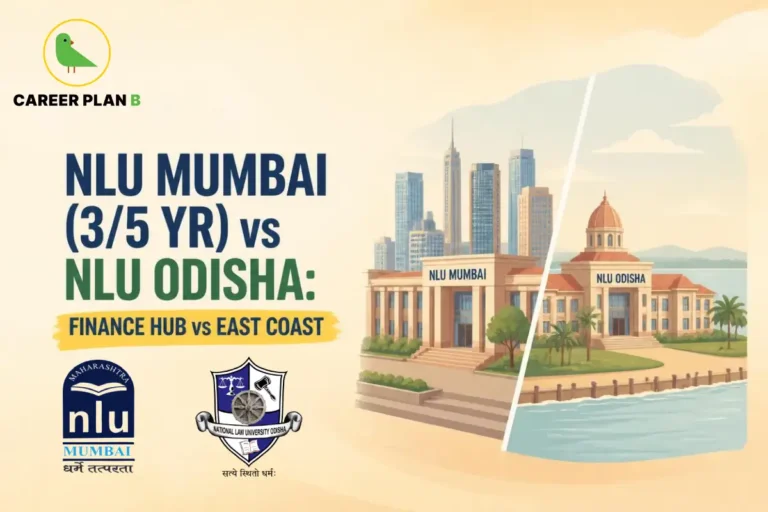NLU Mumbai vs NLU Odisha comparison, highlighting finance hubs and East Coast locations, with the Career Plan B logo.