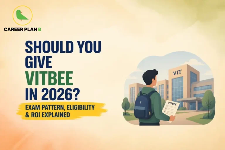 Illustration of a student considering the VITBEE MBA entrance exam, standing in front of the VIT campus with an exam application form, representing the VITBEE 2026 exam pattern, eligibility criteria, ROI, and admission decision guide.