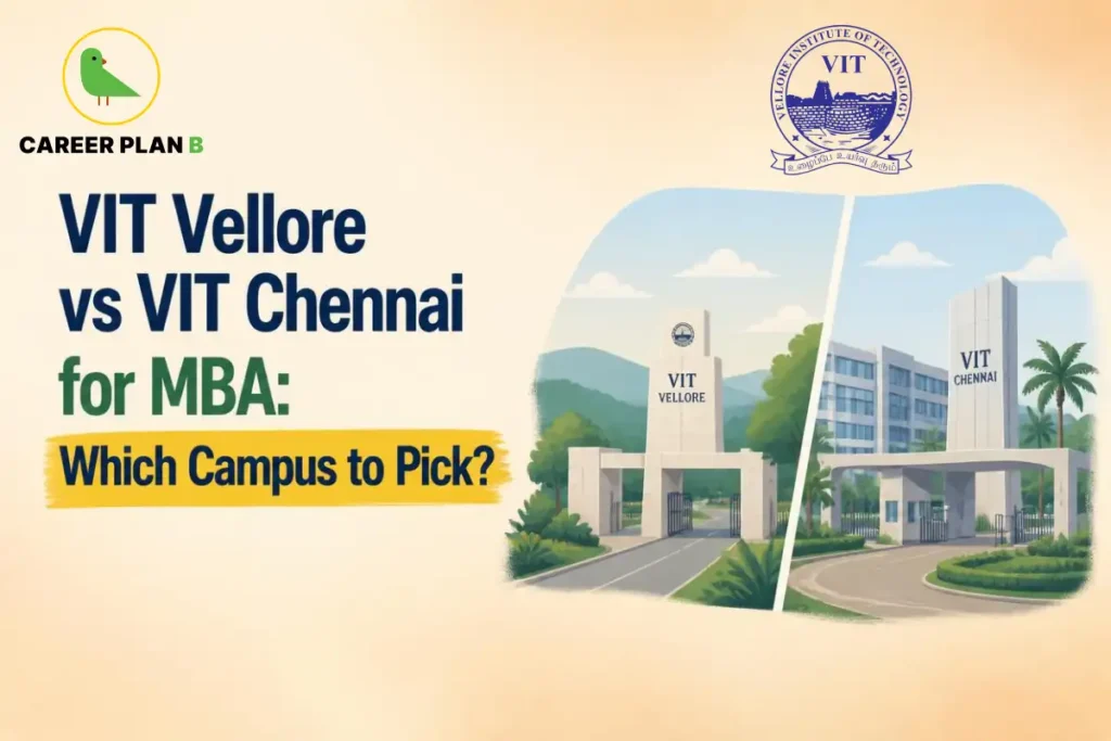 Illustration of a student considering the VITBEE MBA entrance exam, standing in front of the VIT campus with an exam application form, representing the VITBEE 2026 exam pattern, eligibility criteria, ROI, and admission decision guide.