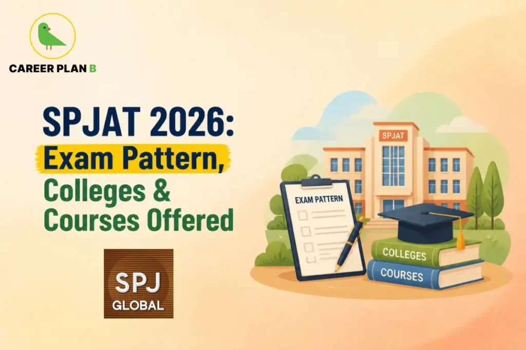 Illustration highlighting the SPJAT 2026 entrance exam, featuring an exam checklist, graduation cap, books, and the SPJAT campus, representing the exam pattern, participating colleges, courses offered, and admission guidance for management aspirants.