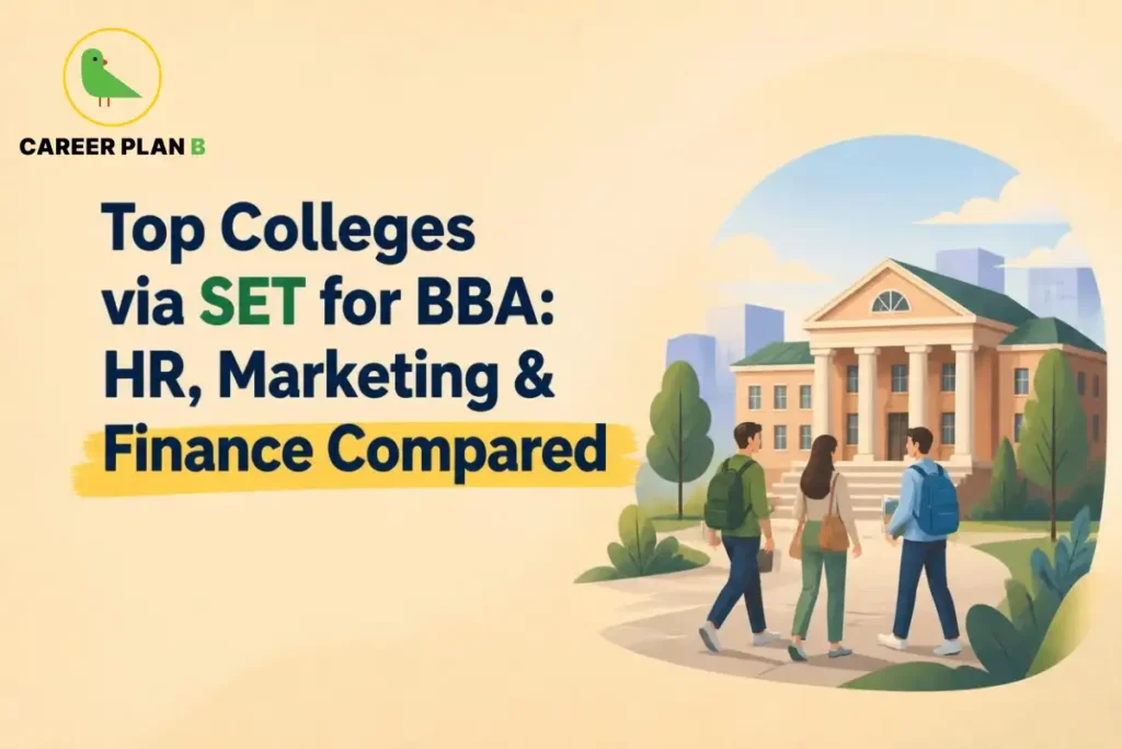 Illustration of students walking toward a college campus representing top colleges accepting SET scores for BBA, comparing HR, Marketing, and Finance specializations for aspiring management students.
