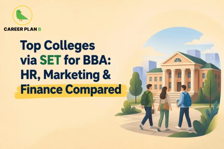 Illustration of students walking toward a college campus representing top colleges accepting SET scores for BBA, comparing HR, Marketing, and Finance specializations for aspiring management students.