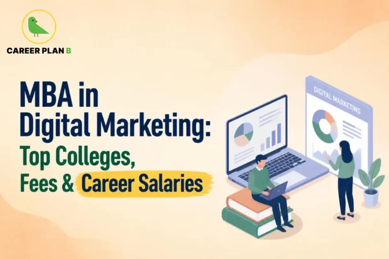 Illustration representing an MBA in Digital Marketing with analytics dashboards, laptops, and professionals, highlighting top colleges, course fees, career opportunities, and salary prospects in digital marketing.