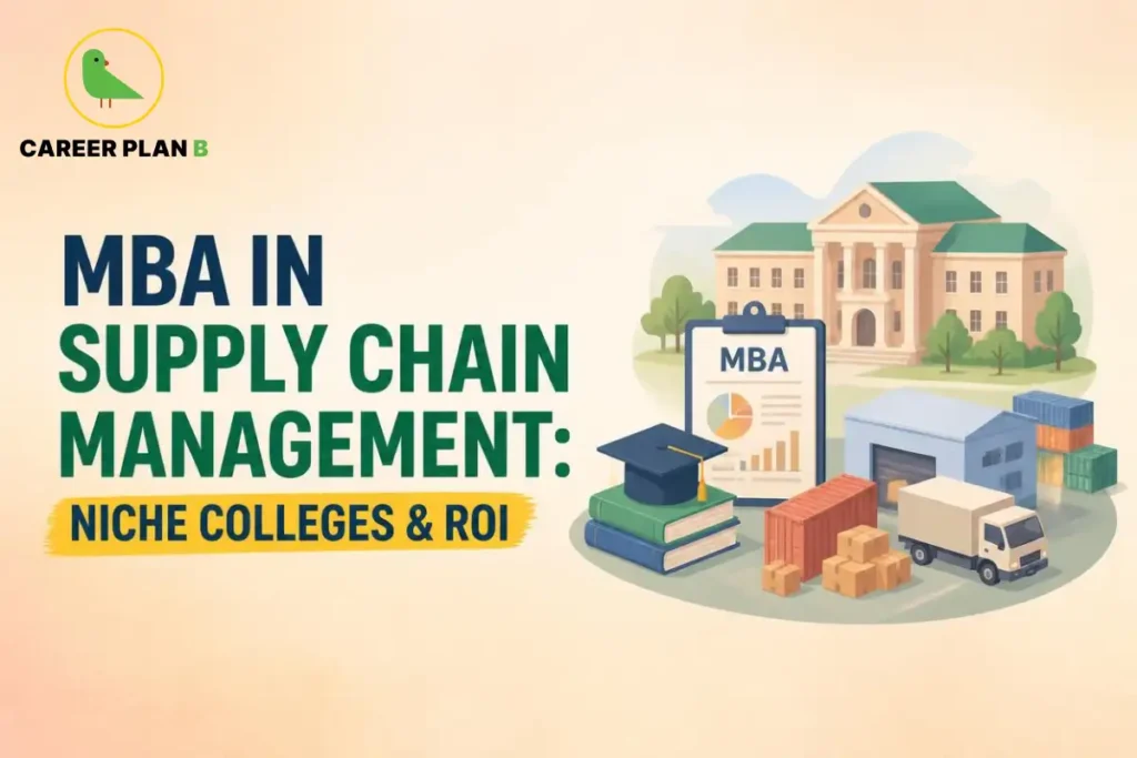 Illustration representing an MBA in Supply Chain Management with a business school, logistics warehouse, delivery truck, shipping containers, and MBA materials, highlighting niche colleges, career opportunities, and ROI in supply chain management.