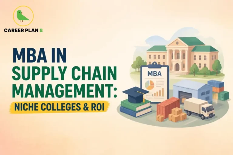 Illustration representing an MBA in Supply Chain Management with a business school, logistics warehouse, delivery truck, shipping containers, and MBA materials, highlighting niche colleges, career opportunities, and ROI in supply chain management.