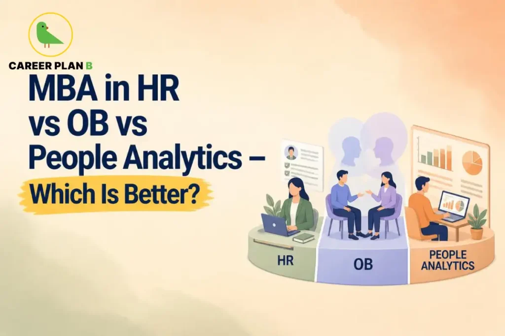 Illustration comparing MBA specializations in Human Resources (HR), Organizational Behavior (OB), and People Analytics, featuring professionals, analytics dashboards, and HR workflows to represent career paths, skills, and specialization choices.