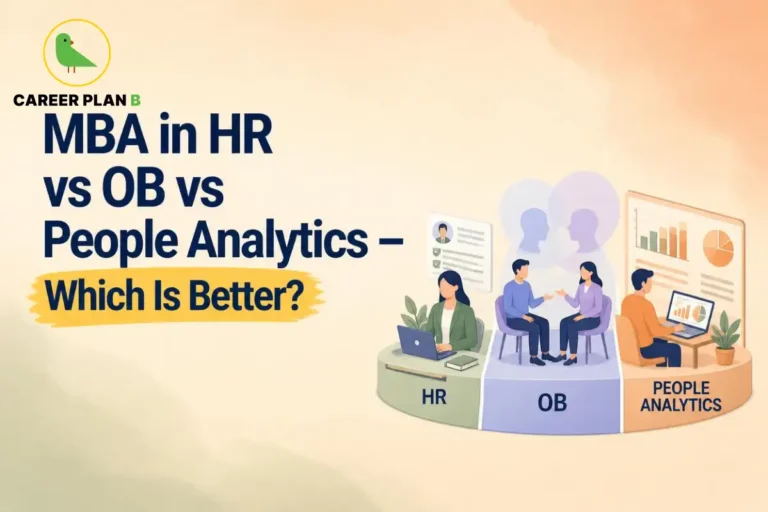Illustration comparing MBA specializations in Human Resources (HR), Organizational Behavior (OB), and People Analytics, featuring professionals, analytics dashboards, and HR workflows to represent career paths, skills, and specialization choices.