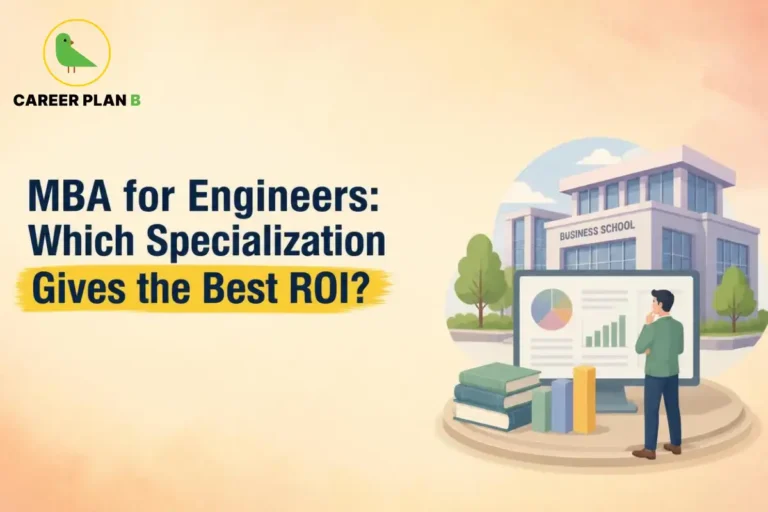Illustration of an engineer evaluating MBA specialization options with a business school, analytics dashboard, and study materials, representing the best MBA specializations for engineers based on ROI, career growth, and salary potential.