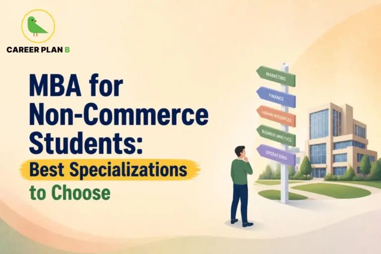 Illustration of a student choosing MBA specializations at a business school, with signboards for Marketing, Finance, Human Resources, Business Analytics, and Operations, representing the best MBA specialization options for non-commerce students.