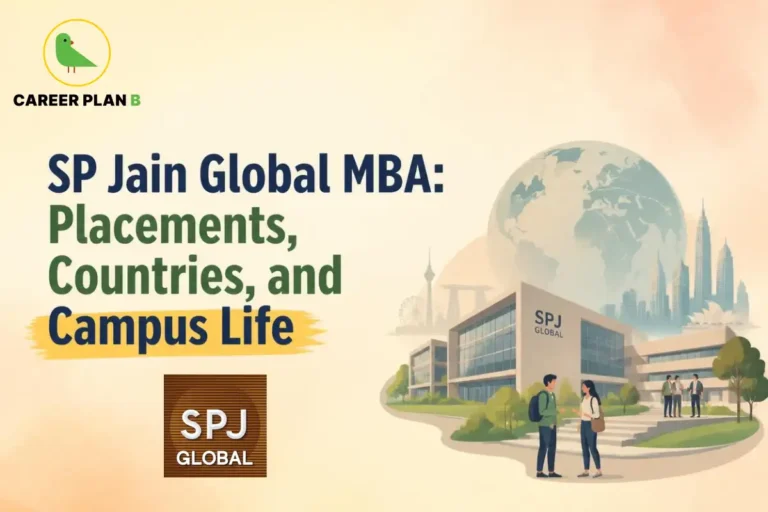 Illustration of the SP Jain Global MBA campus with students, a world globe, and international city skylines, representing global MBA placements, study destinations, campus life, and international career opportunities across multiple countries.