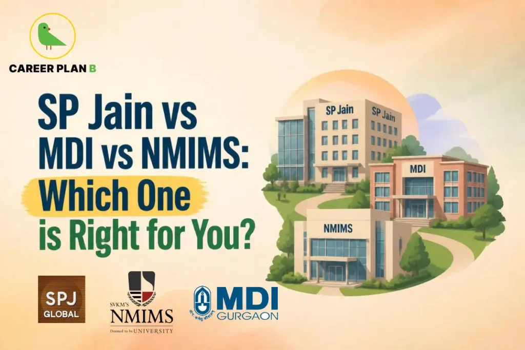 Illustration comparing SP Jain Global, MDI Gurgaon, and NMIMS campuses, featuring their logos and buildings, representing an MBA comparison based on academics, placements, ROI, campus life, and career opportunities to help students choose the right business school.