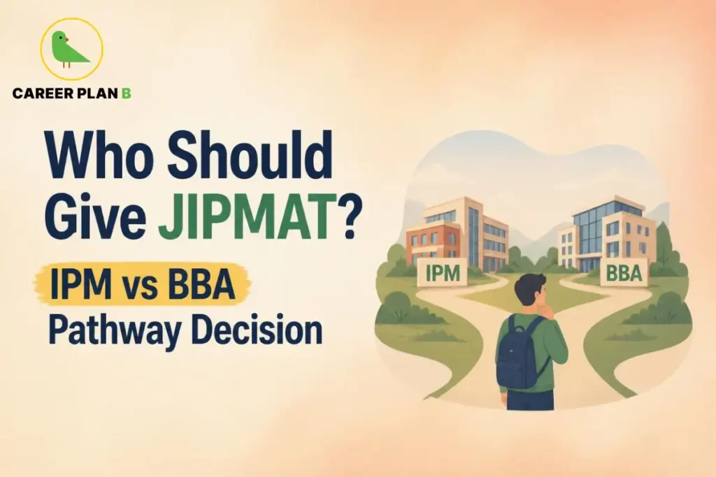 Illustration of a student deciding between IPM and BBA pathways, with separate campus routes labeled IPM and BBA, representing guidance on who should take JIPMAT and how to choose the right undergraduate management program.