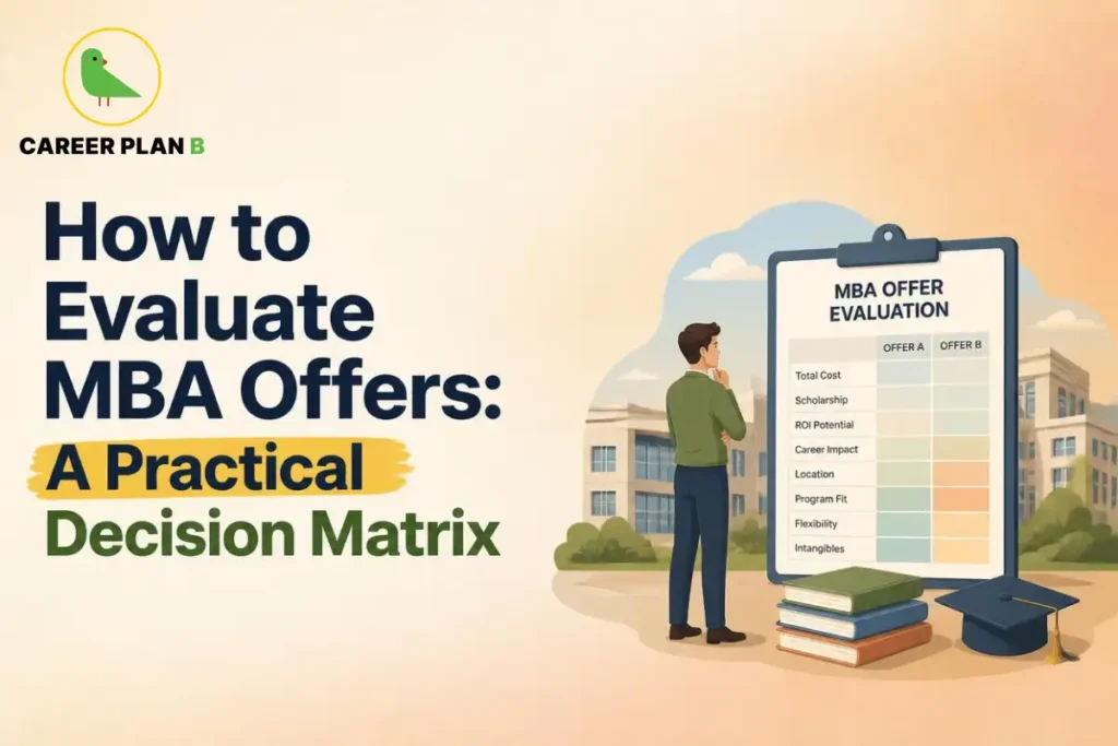 Illustration of a student evaluating MBA admission offers using a decision matrix that compares cost, scholarships, ROI, career impact, location, program fit, and flexibility, helping applicants choose the best MBA program.