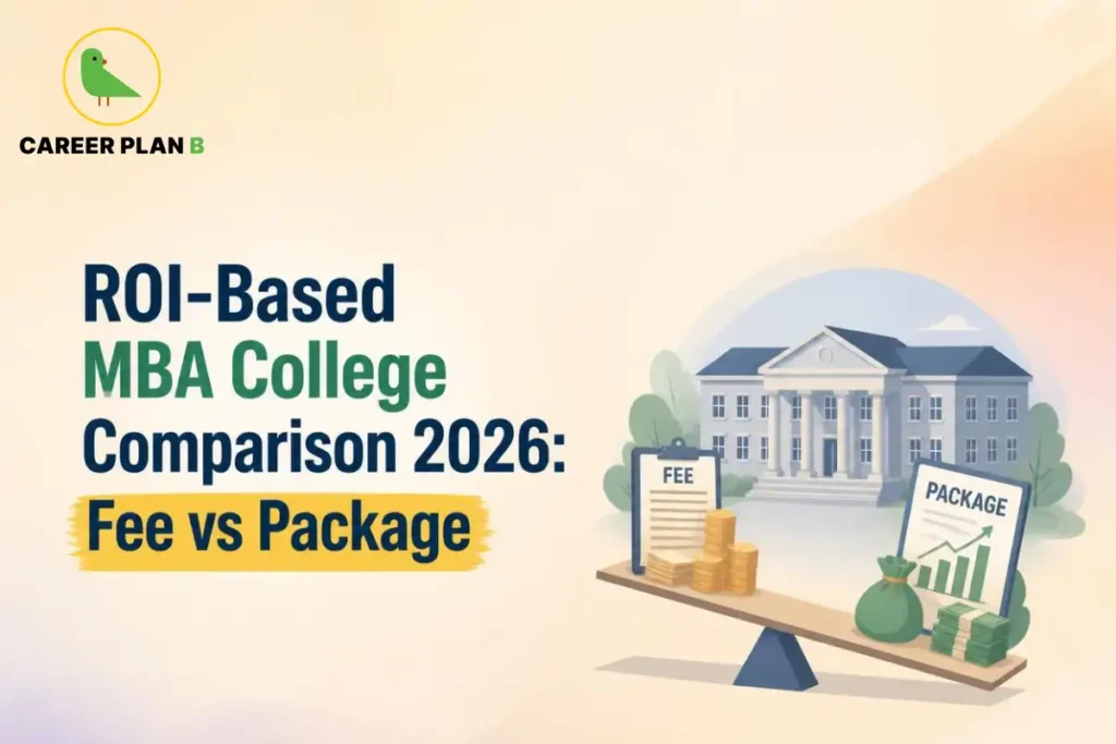 Illustration comparing MBA colleges based on ROI in 2026, showing tuition fees versus placement packages to help students evaluate the best return on investment before choosing an MBA program.