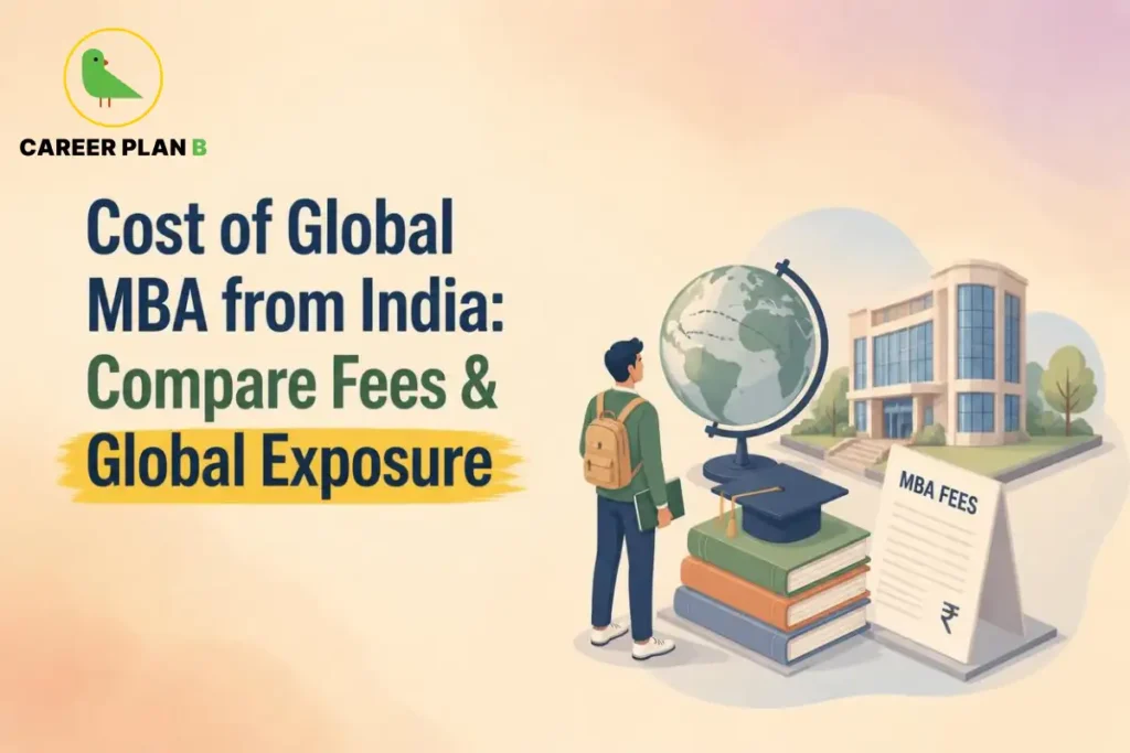 Illustration showing the cost of pursuing a Global MBA from India, comparing tuition fees with international exposure, featuring a student, globe, graduation cap, business school, and fee document.