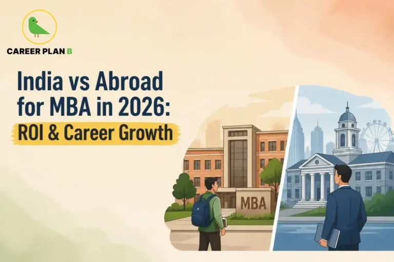 Illustration comparing an MBA in India vs abroad in 2026, highlighting ROI and career growth, with a student choosing between an Indian business school and an international university campus.
